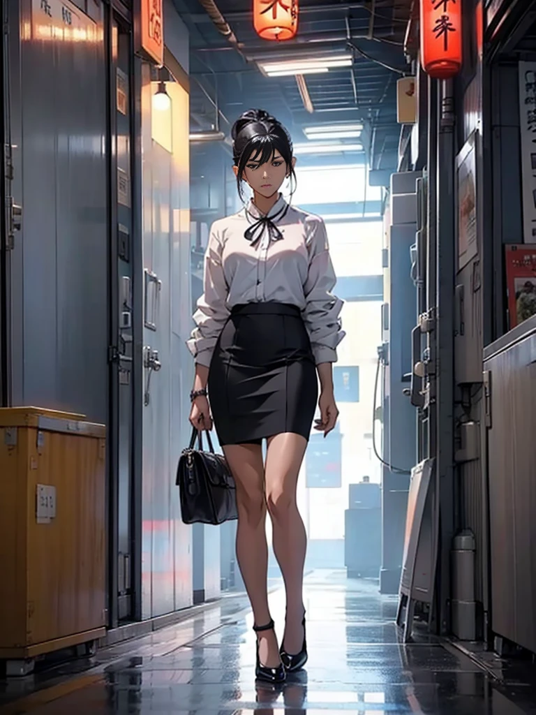 One adult woman with narrow eyes,career woman,Office Lady,pants suit,Jacket,ribbon,Tight skirt,pumps,lawyer,cool,gauze, Chanel,Forehead,Anatomically correct, accurate, masterpiece, Highest quality, Winner of numerous awards, Textured skin, retina, retina, Black Hair, Half-up hairstyle, solemn, Column Lineup,Cinematic light effects, Anime Style, Japanese illustration style, Half-up hairstyle, Very adult