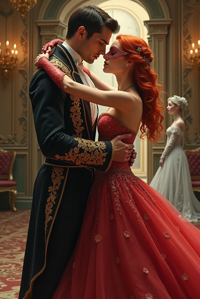 A red-haired and masked princess dances at the ball with a dark-haired and handsome prince in a beautiful princess dress, The prince has a lordly outfit and it is priceless.. The princess is very beautiful, The prince has no beard and has short hair, and meanwhile, from the other door, another ghost princess is watching them with tears in her eyes.