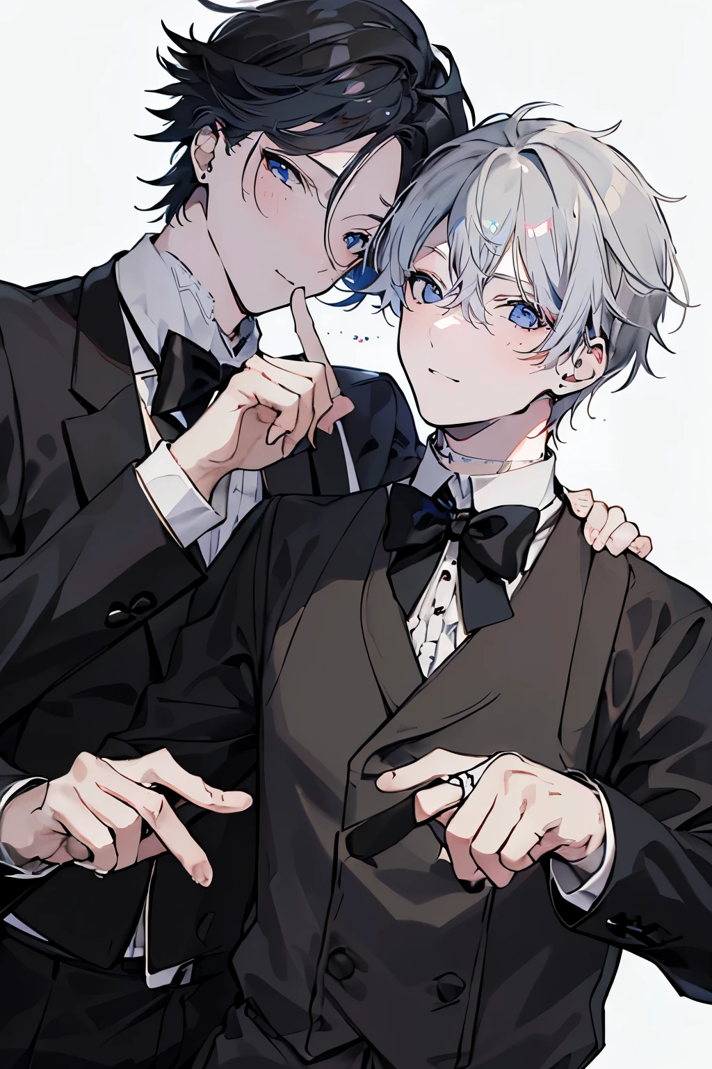 (Mastepiece)、(Best Quality)、Very detailed、((Two butlers:1.5))、Perfect Face、Beautiful Face、Very detailedな顔、(Black-haired man:1.3)、(Grey-haired man:1.3)、Deacon's uniform、(monocle:1.3)、(White gloves:1.3)、Smiling face