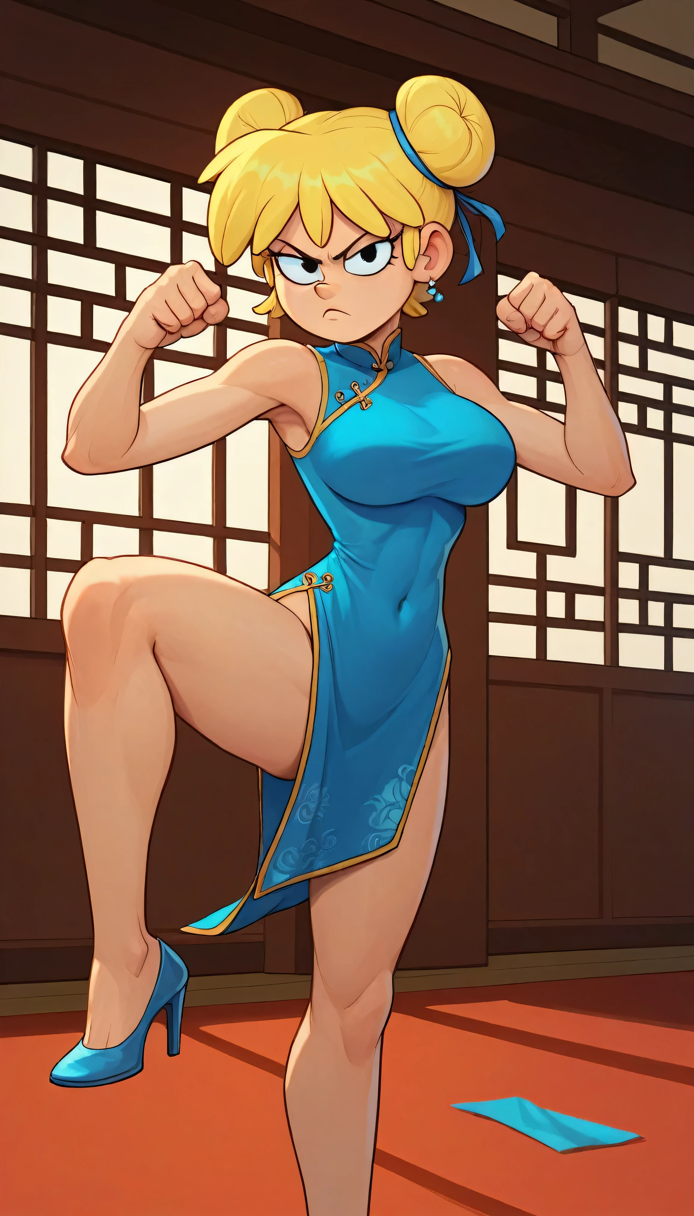 lori loud, 1girl, solo, 24yo girl, blue cheongsam,  inside of a chinese style temple, large breasts, looking at viewer, blonde hair, short hair, two hair buns , hands  score_9, score_8_up, score_7_up, high heels,teep fighting stance,martial arts