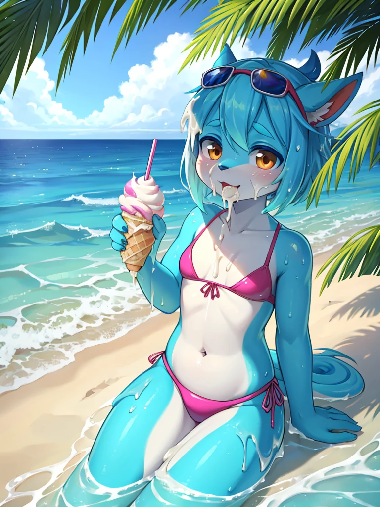 cum cum everybody , eating ice cream , in the sea side , swimwear , (cum here , ooze)