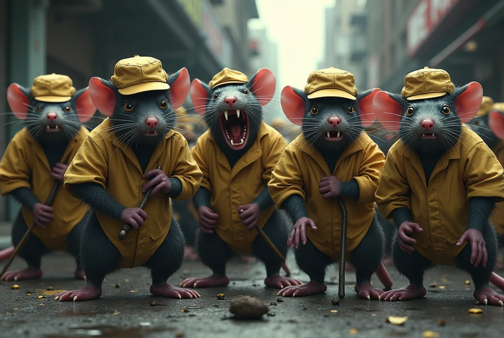 Several rats trapped working on a work routine, with a street sweeper&#39;s outfit, sobbing