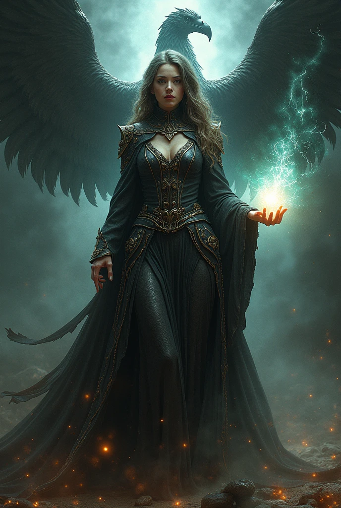 A Woman with a light in her hand and dark energy with phoenix behind him and has a cloak and dress made of leather