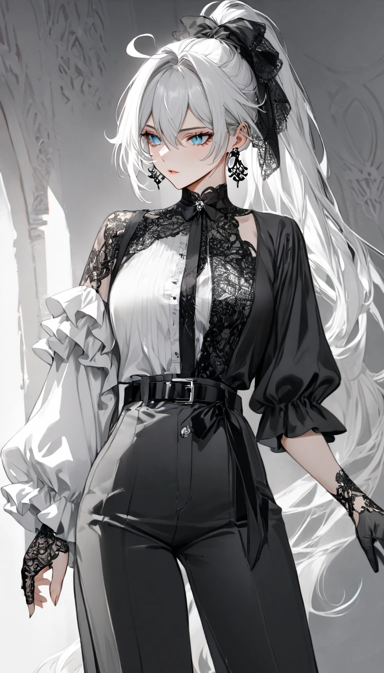 masterpiece, best quality, kiana kaslana \(honkai impact 3rd\), herrscher of finality, white hair, ahoge, ponytail, very long hair, blue eyes, slit pupils, (monochrome formal outfit:1.5), (ruffled sleeves:1.6), (high-waisted tailored pants:1.5), (belted waist:1.5), (asymmetrical shawl:1.4), (embellished gloves:1.4), (button-up shirt:1.3), (intricate pattern details:1.4), (elegant black accessories:1.4), (stylish earrings:1.4), (black and white palette:1.5), (sharp contrast:1.4), 