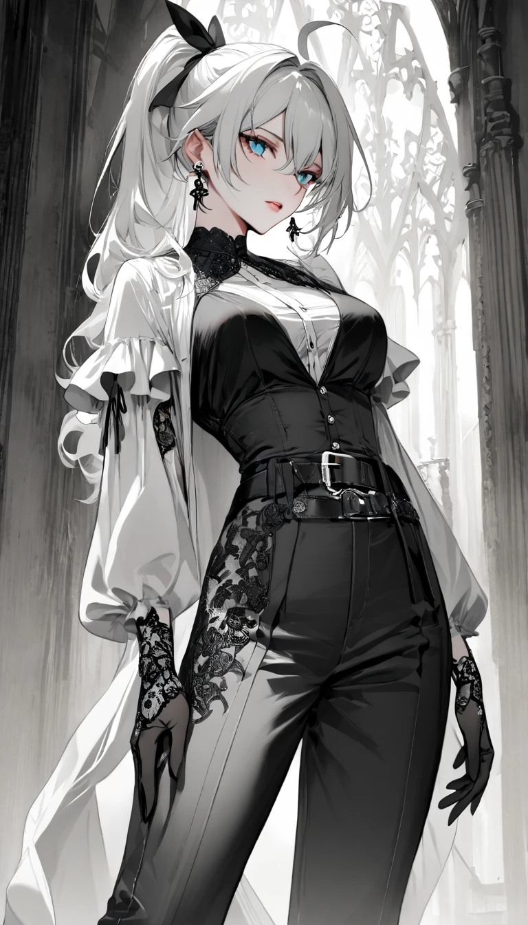 masterpiece, best quality, kiana kaslana \(honkai impact 3rd\), herrscher of finality, white hair, ahoge, ponytail, very long hair, blue eyes, slit pupils, (monochrome formal outfit:1.5), (ruffled sleeves:1.6), (high-waisted tailored pants:1.5), (belted waist:1.5), (asymmetrical shawl:1.4), (embellished gloves:1.4), (button-up shirt:1.3), (intricate pattern details:1.4), (elegant black accessories:1.4), (stylish earrings:1.4), (black and white palette:1.5), (sharp contrast:1.4), 