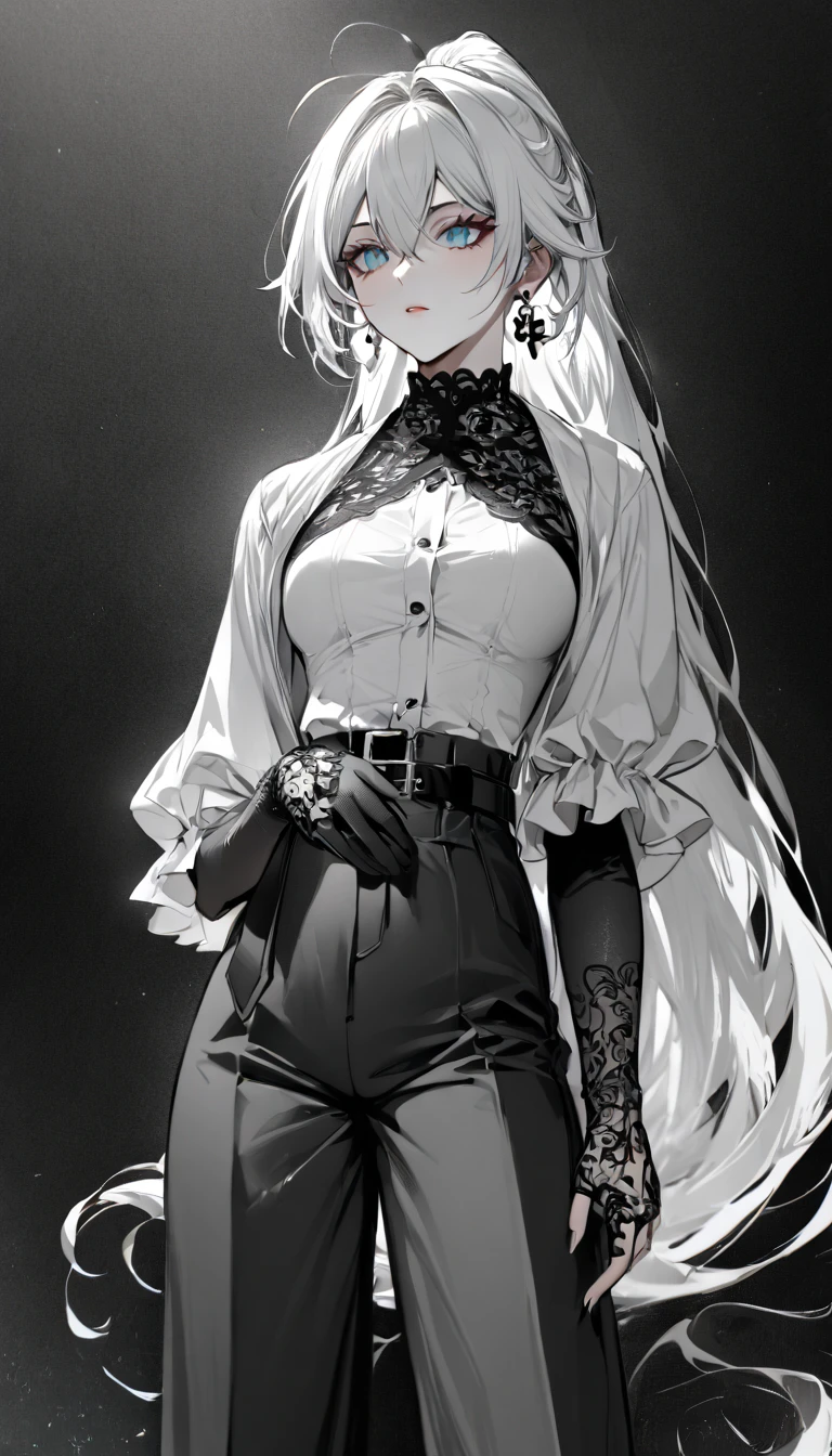 masterpiece, best quality, kiana kaslana \(honkai impact 3rd\), herrscher of finality, white hair, ahoge, ponytail, very long hair, blue eyes, slit pupils, (monochrome formal outfit:1.5), (ruffled sleeves:1.6), (high-waisted tailored pants:1.5), (belted waist:1.5), (asymmetrical shawl:1.4), (embellished gloves:1.4), (button-up shirt:1.3), (intricate pattern details:1.4), (elegant black accessories:1.4), (stylish earrings:1.4), (black and white palette:1.5), (sharp contrast:1.4), 