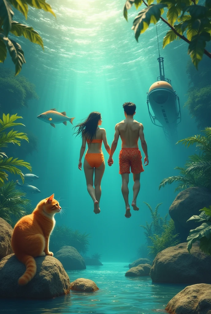 pasangan thailand berenang menyelam pakai hotpants di sungai liat arwana bersama kucing orange gemuk 😚ada ikan, there is a submarine, in water