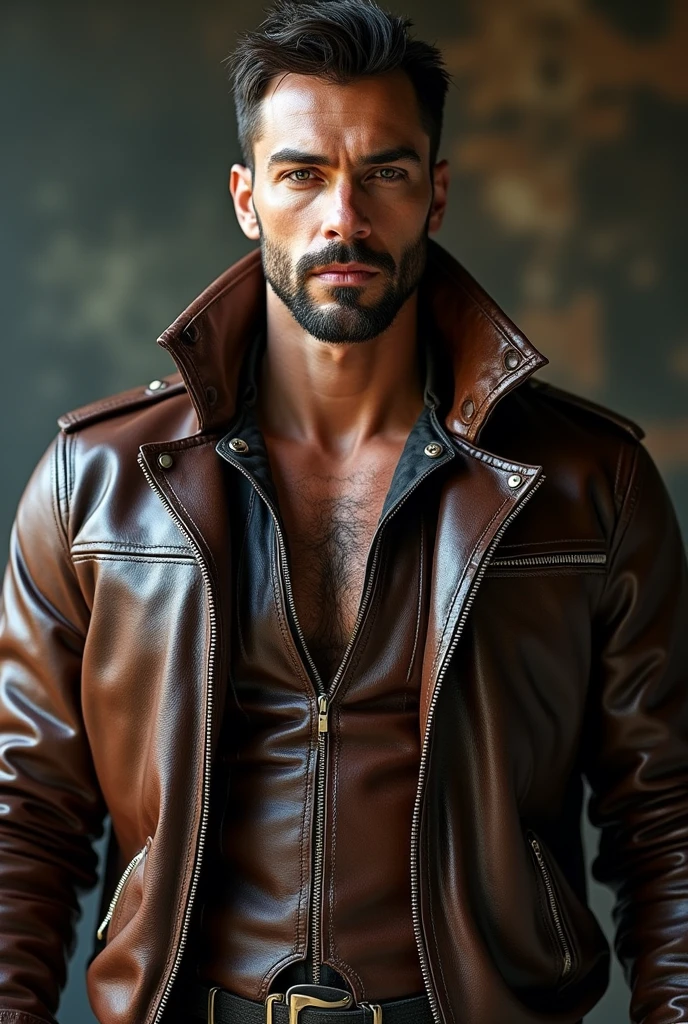 A close up of an erect penis wearing a leather jacket , leather doublet, wearing a leather flight jacket, Leather Clothes, Leather Clothes, brown leather jacket, with a flying jacket, Leather pilot uniform, leather jackets, by Ben Zoeller, fantasy Leather Clothes, dressed in leather jacket, wearing brown leather jacket, Very detailed clothing, realistically rendered clothing