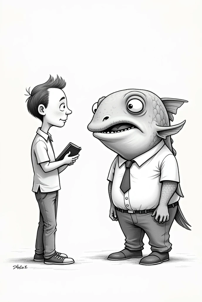 (Cartooning pencil drawing with shading ), A human holding a book talking to sa stinking fish person wearing a mans clothes