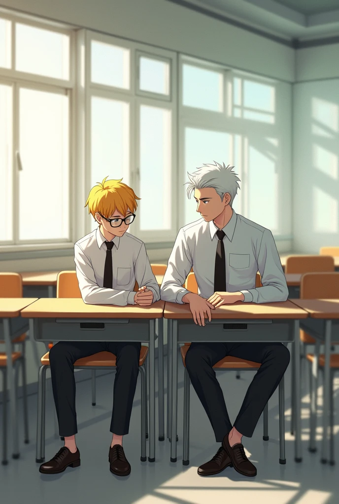 A quiet classroom in the morning, with soft natural light streaming through the windows. Jab, a skinny boy with a distinct appearance, is lying down on his desk, appearing tired or sleepy. He has short, yellow hair that contrasts with his black-framed glasses. He’s dressed in a crisp white long-sleeved shirt, neatly tucked into black pants, with a black tie and polished black leather shoes, completing his sharp and clean look. His head is resting on his arms. Next to him, Jam, a young man with a well-defined physique and striking white hair, is sitting upright in his chair, attentively watching Jab with a concerned or curious expression. Jam is dressed in a black sweater without a zipper, layered over a white long-sleeved shirt. His attire is completed with a black tie, black pants, and polished black genuine leather shoes. The clean lines and sharp details of his outfit contrast elegantly with his white hair. The classroom is empty, with no other students or teachers present. The desks and chairs are arranged neatly, and the scene has a peaceful, almost serene atmosphere, with soft lighting highlighting the details of both Jab’s and Jam’s unique features and attire.