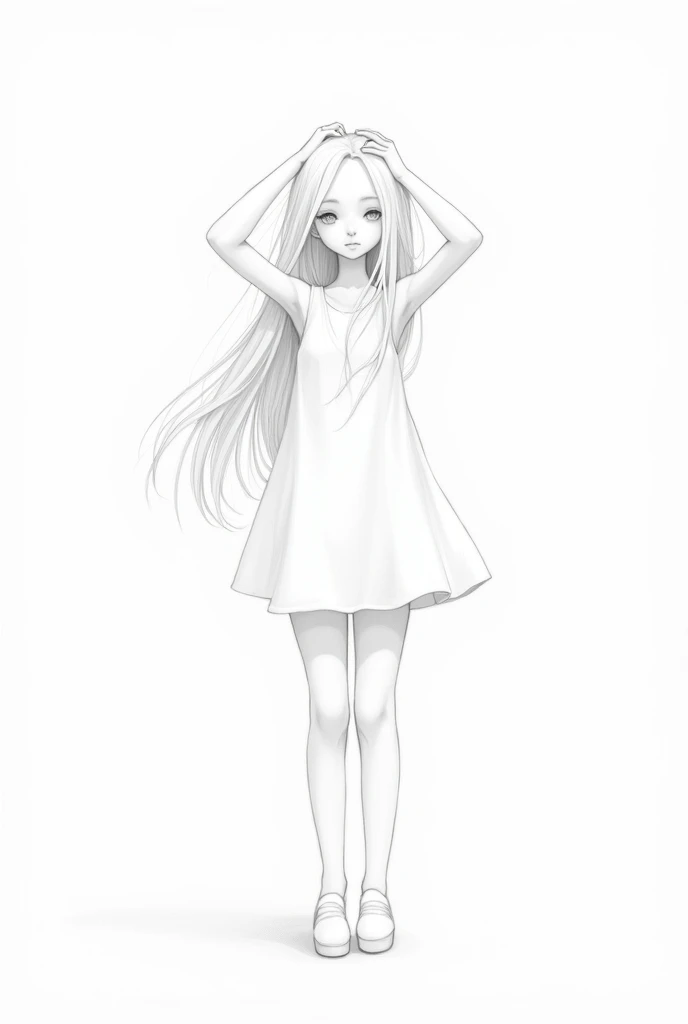 Lineart image of a girl sitting in the middle of a blank background Wearing high socks long white hair, white skin, white clothes, white shoes, white background line art.No colors thick thighs thick facing forward Apply facing down prespective a hot stinging arms above her head