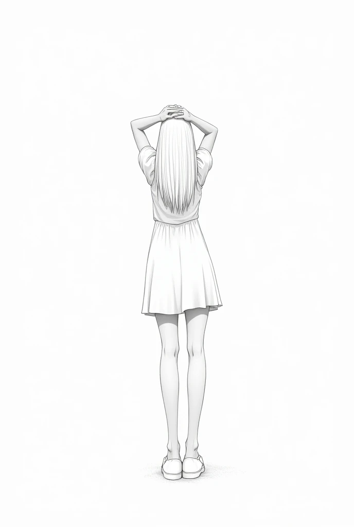 Lineart image of a girl sitting in the middle of a blank background Wearing high socks long white hair, white skin, white clothes, white shoes, white background line art.No colors thick thighs thick facing forward Apply facing down prespective a hot stinging arms above her head