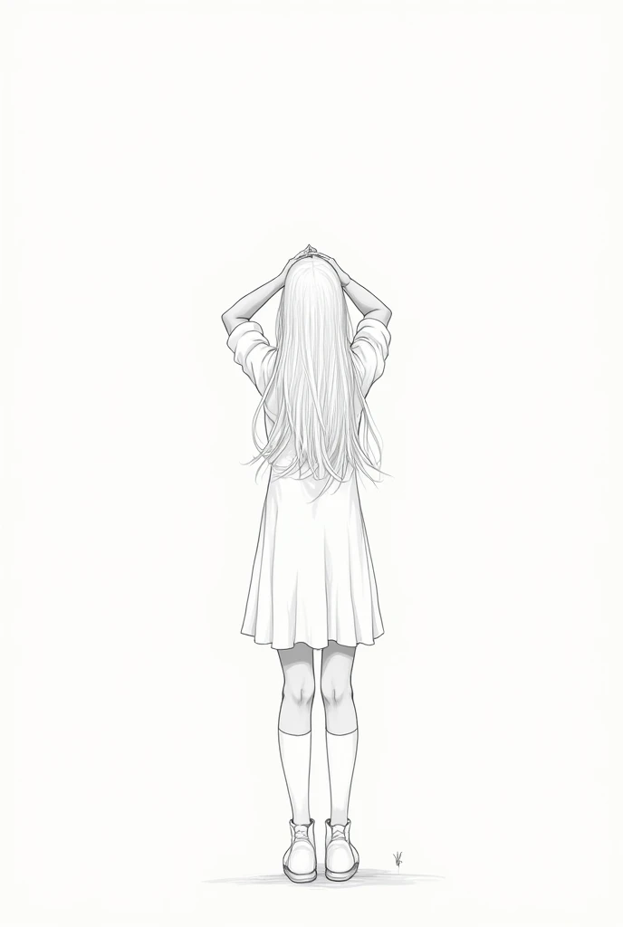 Lineart image of a girl sitting in the middle of a blank background Wearing high socks long white hair, white skin, white clothes, white shoes, white background line art.No colors thick thighs thick facing forward Apply facing down prespective a hot stinging arms above her head