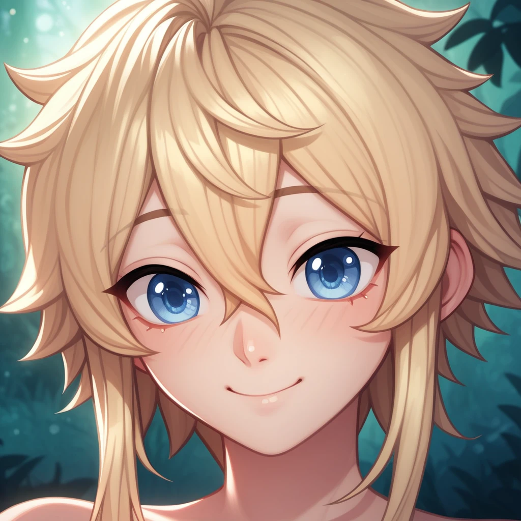 WRC Style, game CG, Anime style, {{high resolution}}, {{{masterpiece}}}, {{{best quality}}}, {{ultra-detailed}}, {cinematic lighting}, {illustration}, {beautiful detailed eyes}, {shining splendid skin}, {{{glossy skin}}}, {1girl}, extremely detailed, exaggerated proportion, 1girl, solo, a cute feminine boy, blonde short messy hair, hair between eyes, {{{smiling calmly}}, calm gentle blue eyes, calming, gentle, fair shiny skin, enchanted dark swamp background, close up portrait, ratatatat74, cell shaded, pixiv