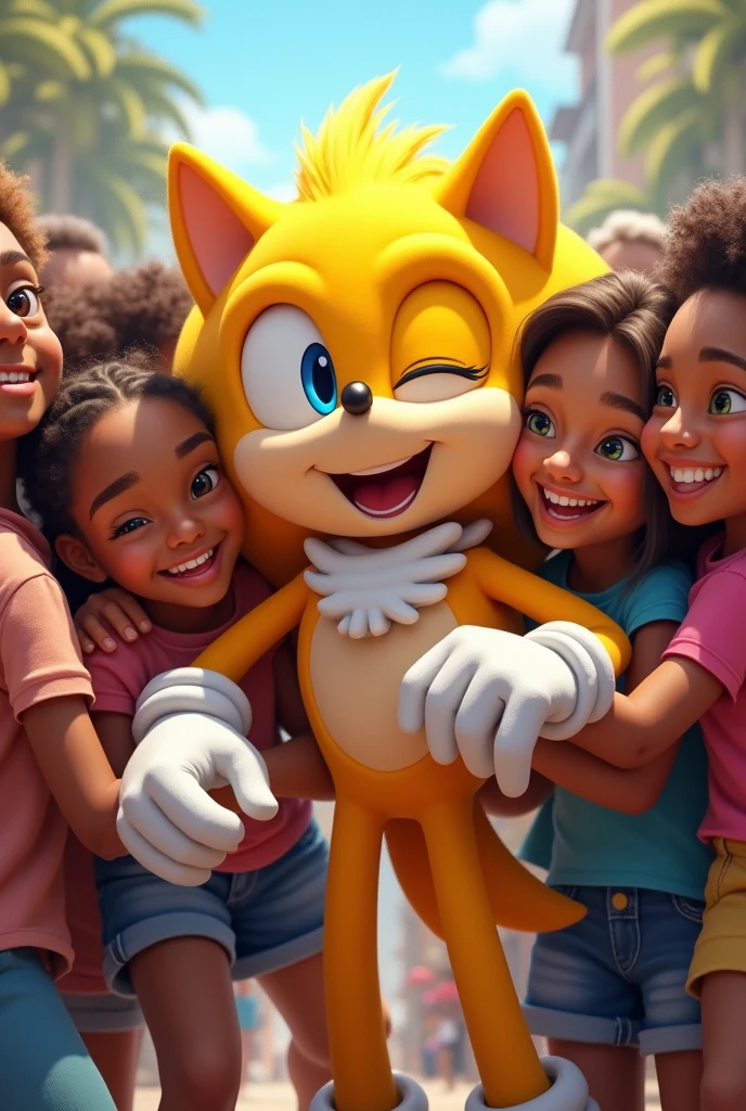 Yellow Sonic hugging with adults and young people