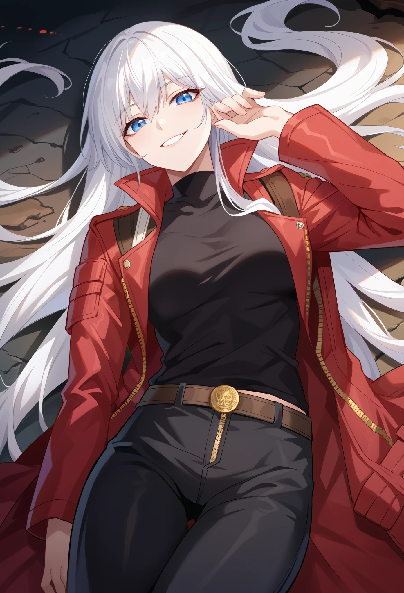 score_9, score_8_up, score_7_up, 1girl, solo, female focus,dmc3dante, white hair, long hair, blue eyes, red coat, black shirt, black pants, open clothes, partially unzipped shirt, belt, smile lying on the floor, head resting on own hand, looking at you, hell, desolated place,