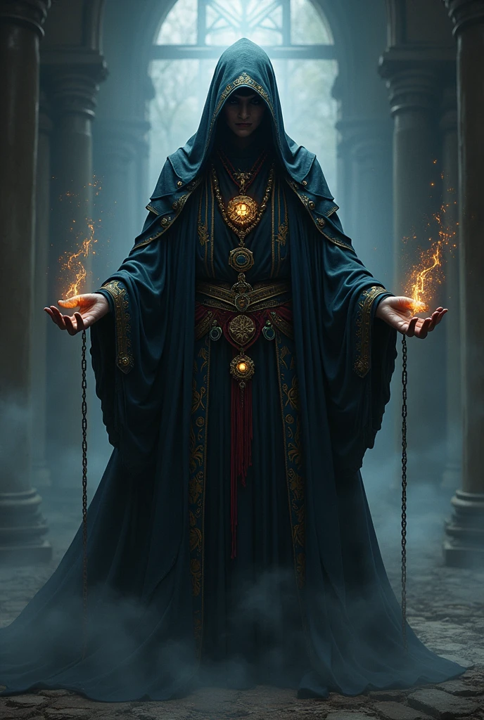 A jujutsu sorcerer with a look reminiscent of shadow and darkness, using amulets