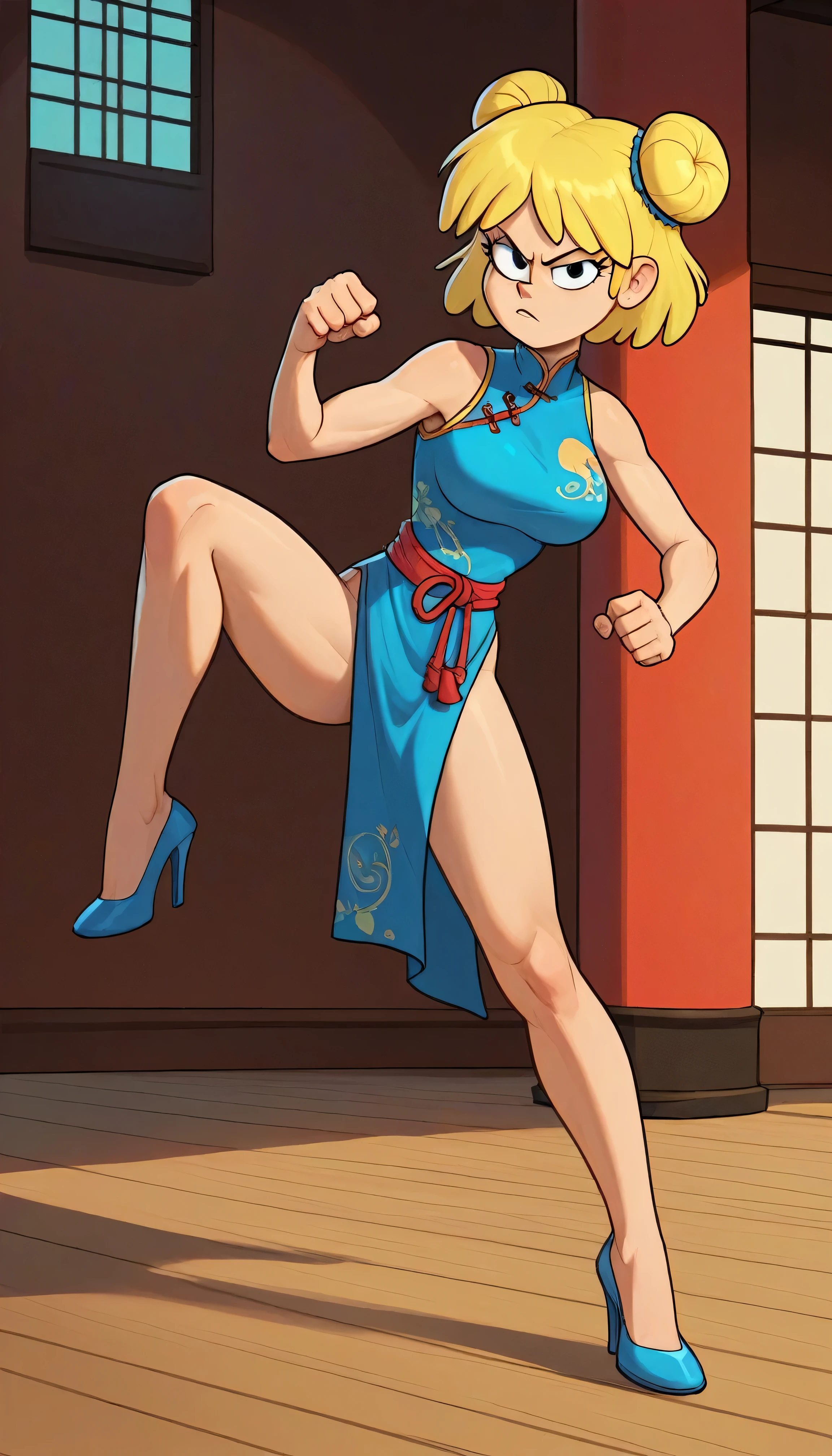 lori loud, 1girl, solo, 24yo girl, blue cheongsam,  inside of a chinese style temple, large breasts, looking at viewer, blonde hair, short hair, two hair buns , hands  score_9, score_8_up, score_7_up, high heels,teep fighting stance,martial arts