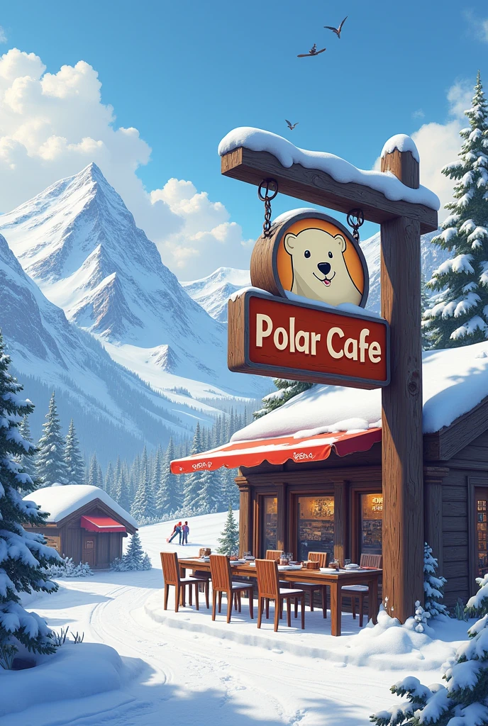 Enseigne « polar cafe » montagnes enneigées et ours polair
Station de ski