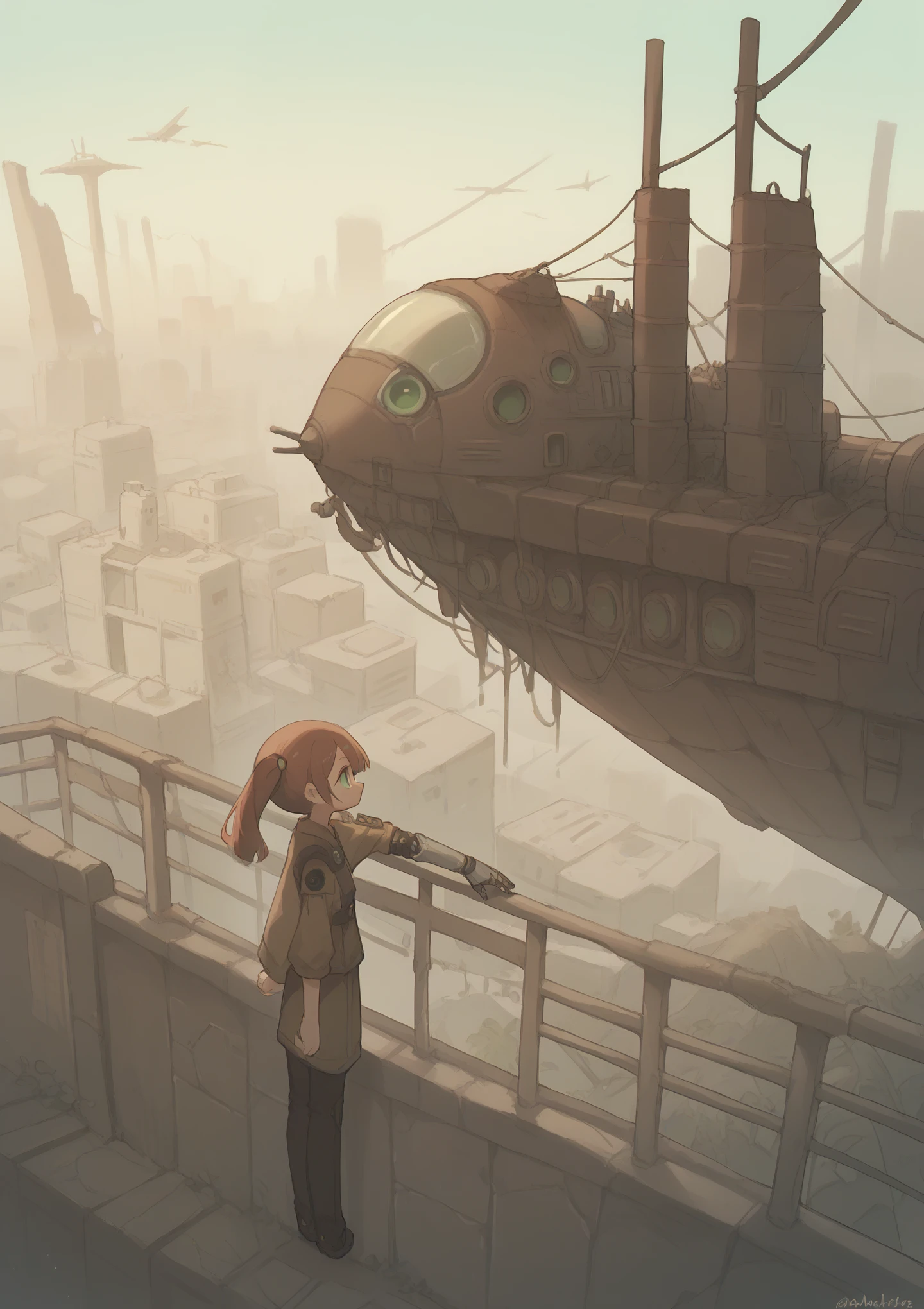 1 Girl,Brown side ponytail,Green eyes,Cyberpunk,Robotic Arm,Wasteland City,ruins,Profile,Rooftop,railing,Air ship