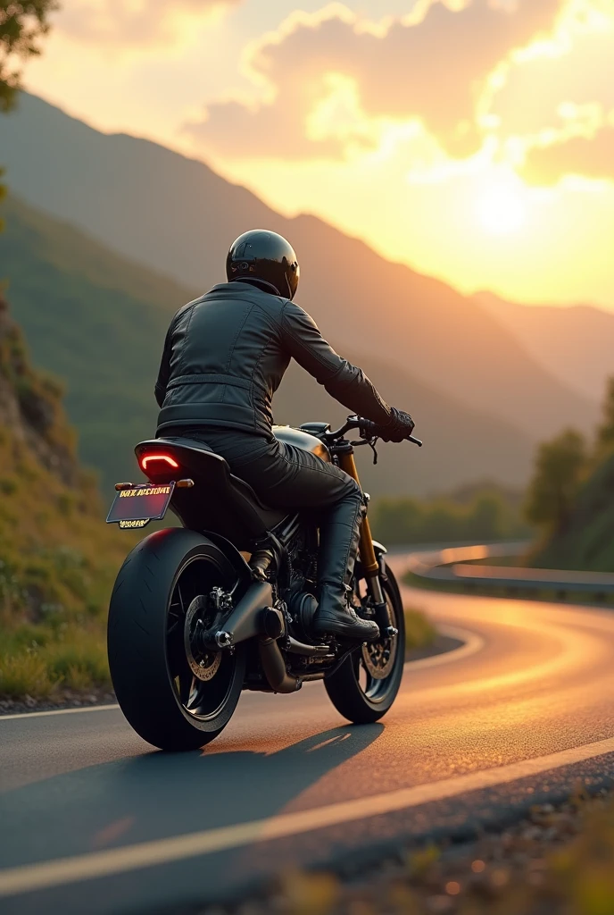 A biker with full protection gear, crusing on a hilly highway, dawn time sun through clouds, spring season