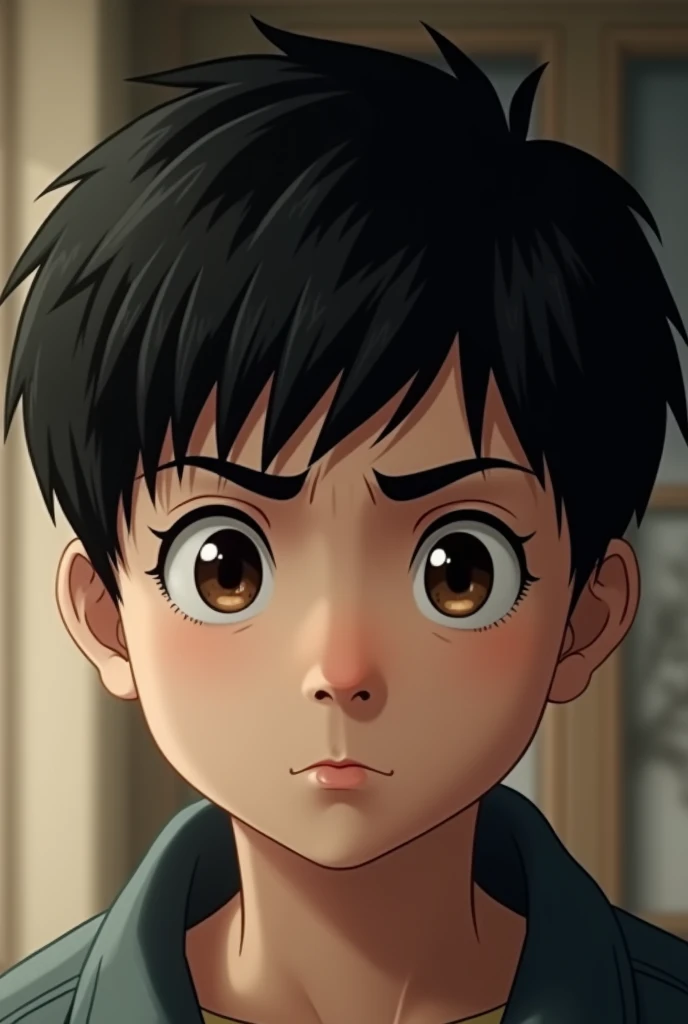 His hair is black, medium growth. The eyebrow is thick black. His face is white. The eyes are medium dark brown with a light brown rim. Average nose. Lip is average. A serious-looking 1 boy

