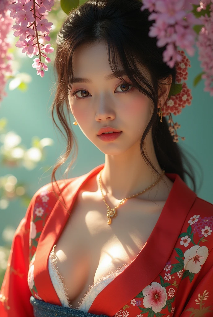 (masterpiece,Highest quality:1.4),(8k,RAW Photos,Photorealistic:1.4),Ultra-high resolution, ,(Glowing Skin:1.4),Detailed肌,Detailed顔,Detailed目,(Beautiful and shining eyes:1.2),Symmetrical eyes,Detailed耳,One person,Natural Makeup,(((Idol))),,Detailed背景,Vivid background,Beautiful and shiny hair,,((Average age breasts)),,(Detailed Sexy Kimono,Realistic beautiful teeny Neon,mysterious,whole body),,((Sharp Face)),Natural light,,(Very detailed ,,online shopping,LUMINE® Market,),Cleavage,Wisteria flower background,Professional,(Detailed,Location was great.),