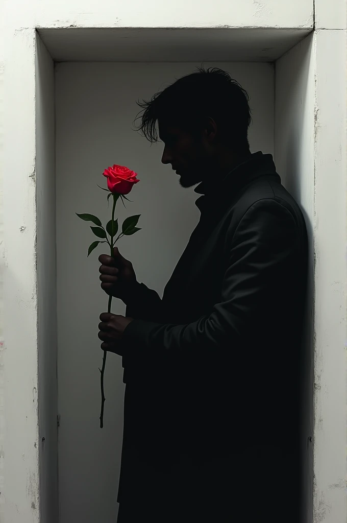 A black shadow of guy having red rose in his hand looking to that rose while smile inside a box which is at the side of white wall of a room