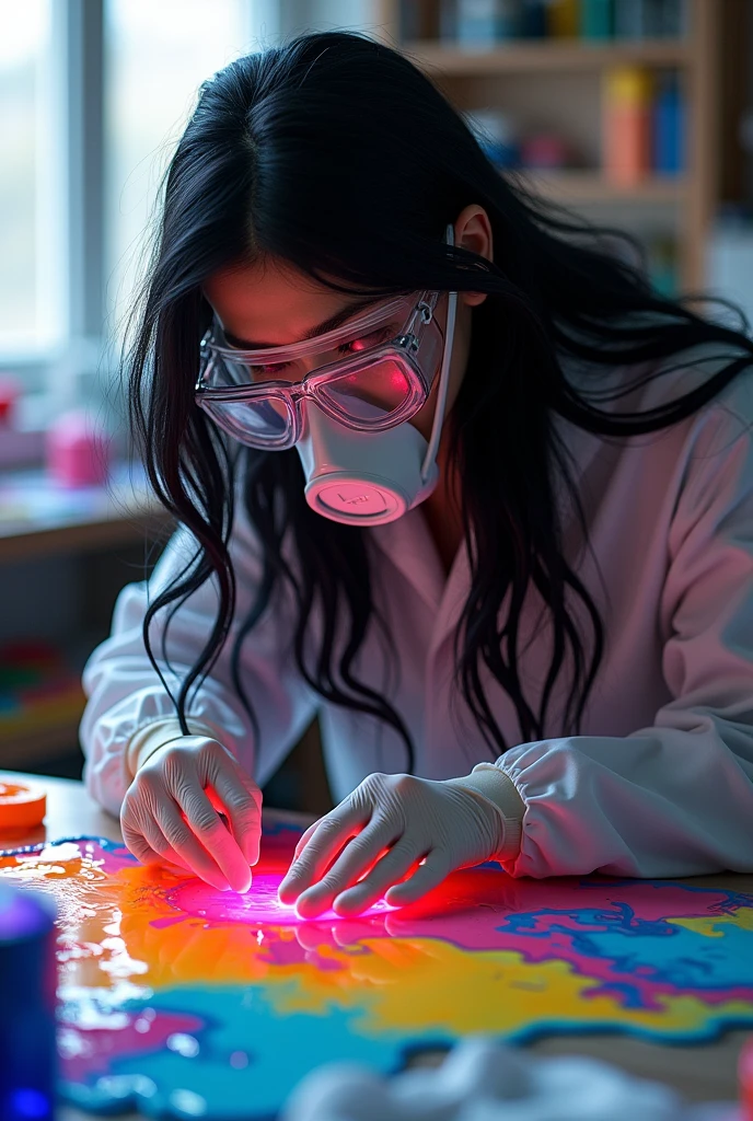 give an image for resin artist with black hair wearing a chemical mask and gloves