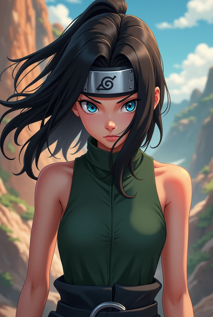 1 (style animé NARUTO, ressemble meilleur qualité, long cheveux brains foncé ,sans Repousse, régulier, lâché.  l'air de réfléchir (style dessin animé Naruto). Protection métallique au front. Vêtements du ninja Sanada, pantalon noir foncé,T-shirt sans manche couleur vert (dessin style animé NARUTO, chef d'oeuvre) très très bonne qualité de l'image, yeux couleur bleu. regarde le spectateur. Teint clair 