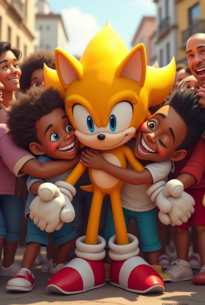 Yellow Sonic hugging with adults and young people