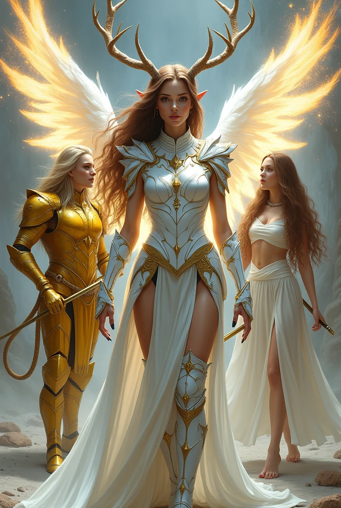 A woman who wears white armor that covers her body with golden details, her armor is not sensual and has brown hair., she has deer antlers, one eye is brown, she has white wings and a lion's tail, Her hands have long black nails and she releases white fire. Next to her is a man with long blond hair and yellow armor with gold details., He has white wings, he holds a golden spear. In the middle of it is one with brown curly hair. She wears a white dress and has no pupils., She is the