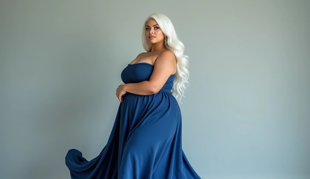 curvy Big body model white hairs wearing big pent looks curvy from outside with blue maxi shirt exudes attitude camera focus on her breasts full chest covered without arms