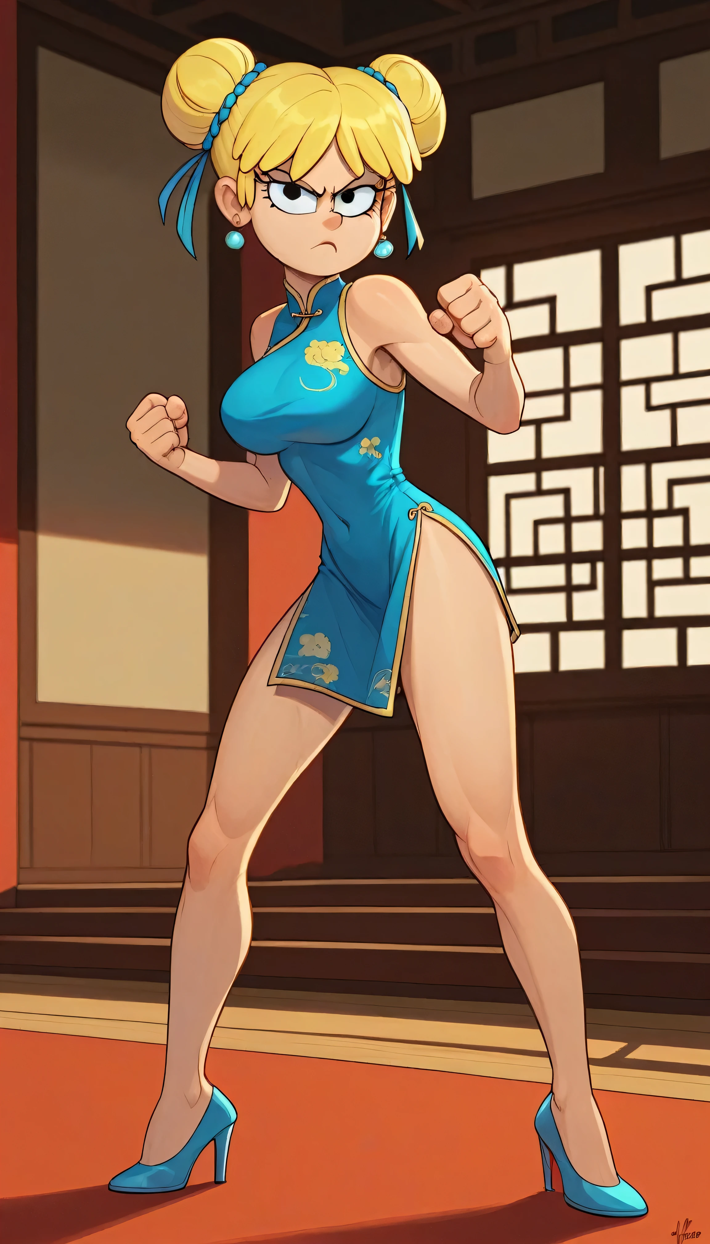 lori loud, 1girl, solo, 24yo girl, blue cheongsam,  inside of a chinese style temple, large breasts, looking at viewer, blonde hair, short hair, two hair buns , hands  score_9, score_8_up, score_7_up, high heels,teep fighting stance,martial arts