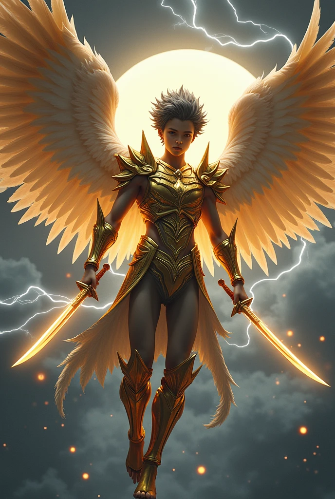 Boy Age 16 Wear a Golden Armor Sixpack,have 6 Wings,Comma Hair Hairstyle,Black gradient Grey Hair,Carrying 2 swords on the right is Scimitar and the Left is Katana,Flying at The sky,Illuminated by the moonlight at night,With some Lightning Flashes behind him