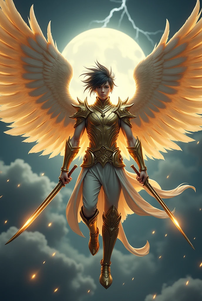 Boy Age 16 Wear a Golden Armor Sixpack,have 6 Wings,Comma Hair Hairstyle,Black gradient Grey Hair,Carrying 2 swords on the right is Scimitar and the Left is Katana,Flying at The sky,Illuminated by the moonlight at night,With some Lightning Flashes behind him