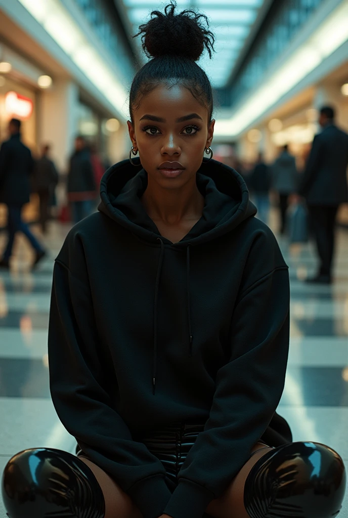 black woman hair in a bun black hoodie black leather short shorts excited look on her face with eyes really big and wide open setting on scary clowns lap at the mall side full large picture shot
4k romantic sexy camera angle looking up from her feet up