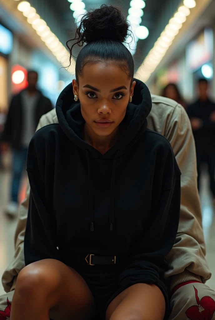 black woman hair in a bun black hoodie black leather short shorts excited look on her face with eyes really big and wide open setting on scary clowns lap at the mall side full large picture shot
4k romantic sexy camera angle looking up from her feet up