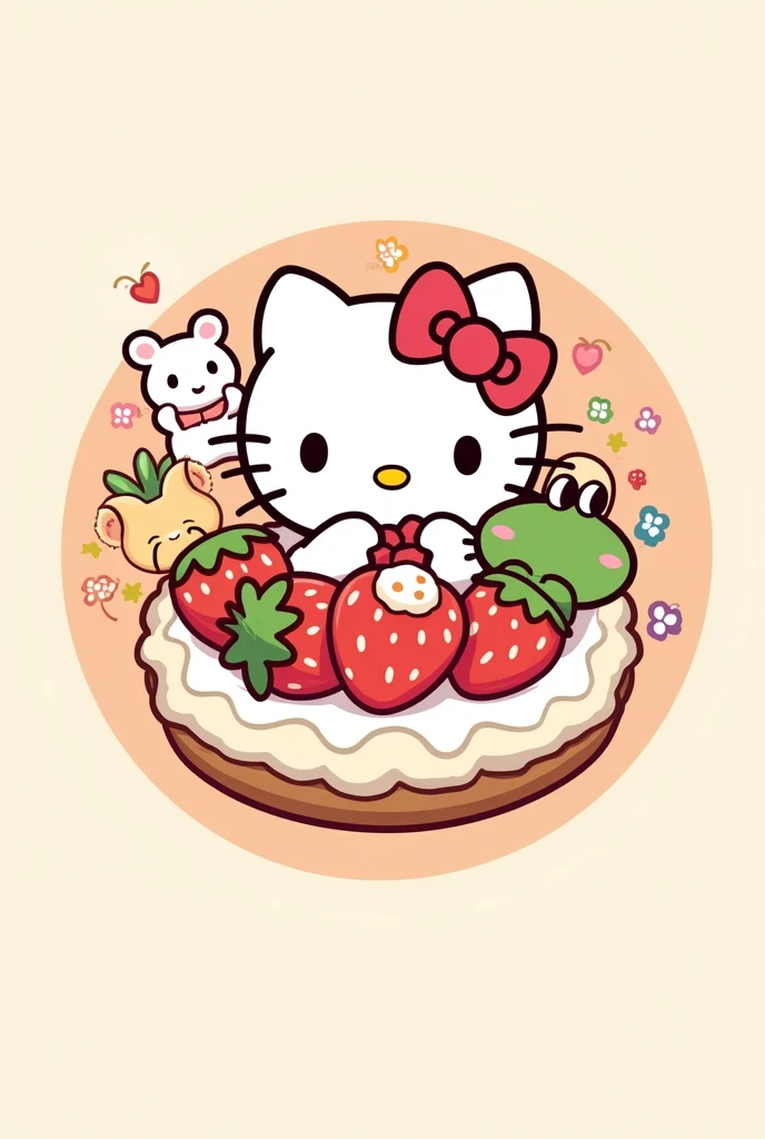 Generate a logo in which characters from the adventures of Hello Kitty appear, such as Cinnamorrol,the frog,kuromi and hello kitty to sell strawberries with cream in the shape of a round logo