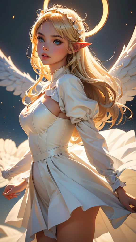 (Highest quality,8k:1.2,High resolution:1.2),Above the bust,Facing forward,Spectacular cinematic images,A brilliant appearance,Very detailed,Realistic,Vintage Goddess Angel Woman,Very detailed顔,Long eyelashes,Big angel wings,Soft white dress,Tan tights,Metallic accessories,Physically Based Rendering,Sharp focus,Natural light,Blonde,
Pointy Ears, Angel Halo, Abstract painting,