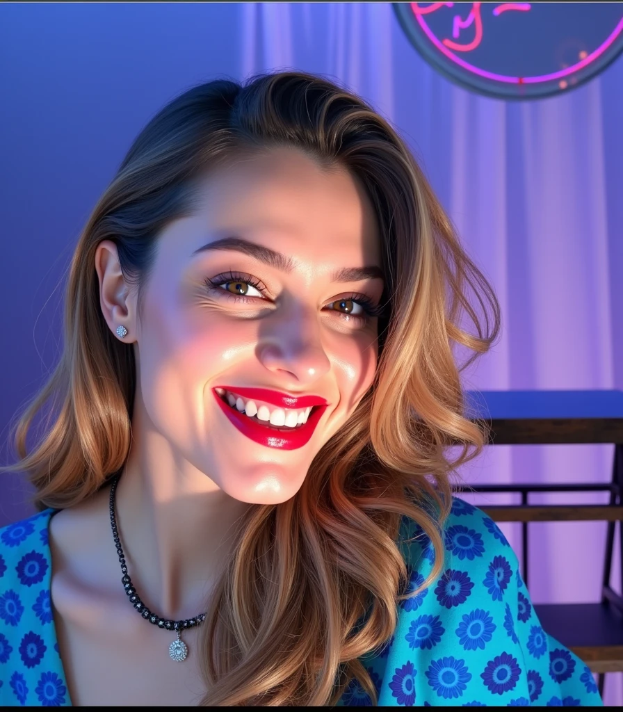 a woman dancing in a bar, beautiful detailed eyes, beautiful detailed lips, extremely detailed eyes and face, long eyelashes, elegant dress, colorful neon lights, atmospheric bar interior, atmospheric lighting, intricate details, vibrant colors, hyper realistic, 8k, (best quality,4k,8k,highres,masterpiece:1.2),ultra-detailed,(realistic,photorealistic,photo-realistic:1.37),professional,vivid colors,studio lighting