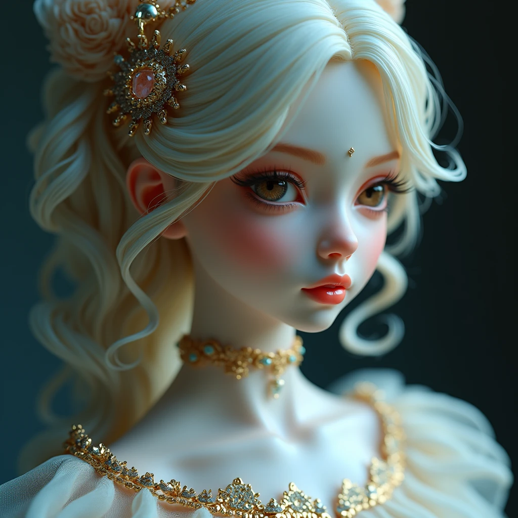beautiful detailed girl figurine, beautiful detailed face, beautiful detailed eyes, beautiful detailed lips, long eyelashes, porcelain skin, elegant pose, intricate details, delicate features, ornate accessories, high quality, 8k, photorealistic, vivid colors, dramatic lighting, cinematic, fantasy, concept art