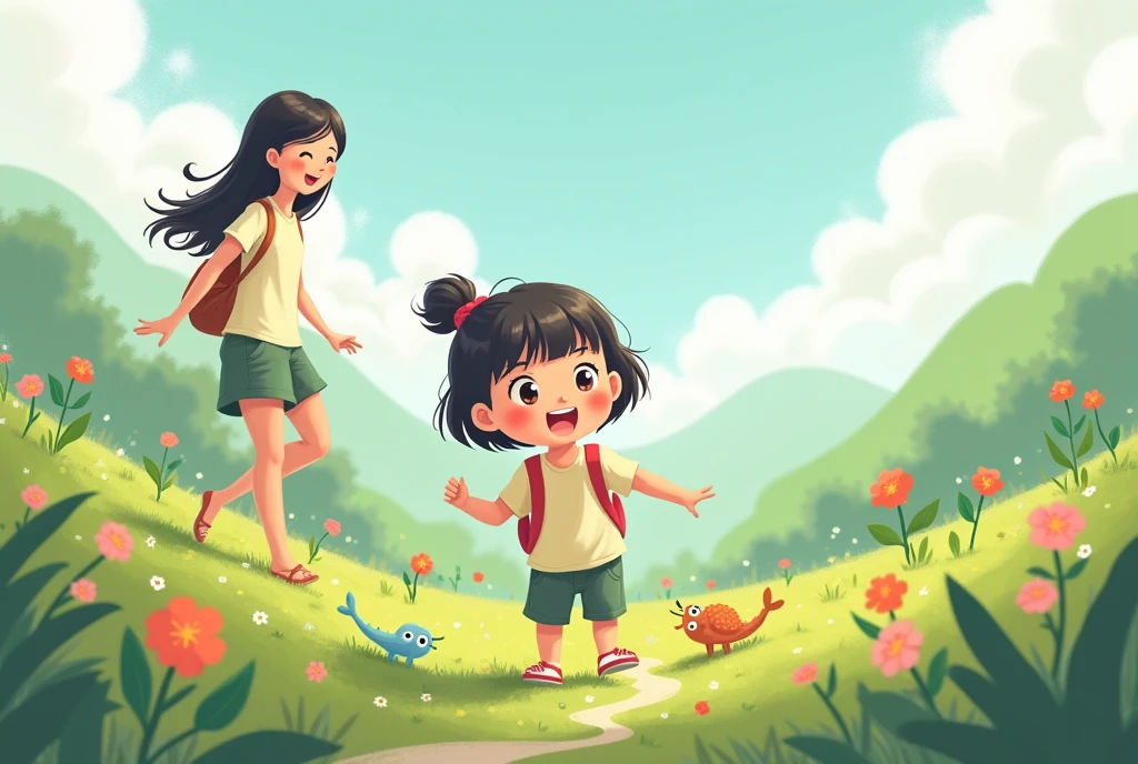 Cartoon image of a daughter bravely exploring, cartoon, cute cartoon, cute cartoon style, motherly love, cute illustration, clean anime art