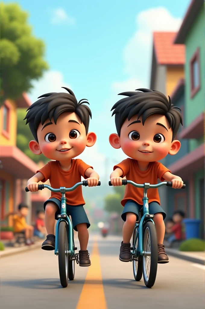 Twin boys, Age 10 years, Indonesian citizen, 3D caricature image, fat body, cycling again