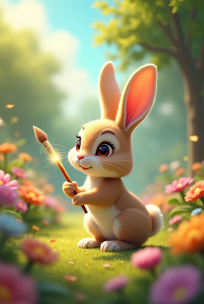 A cute little rabbit named Rosie with soft fur and bright eyes, holding a sparkling, magical paintbrush. She’s in a sunny garden surrounded by flowers and trees."