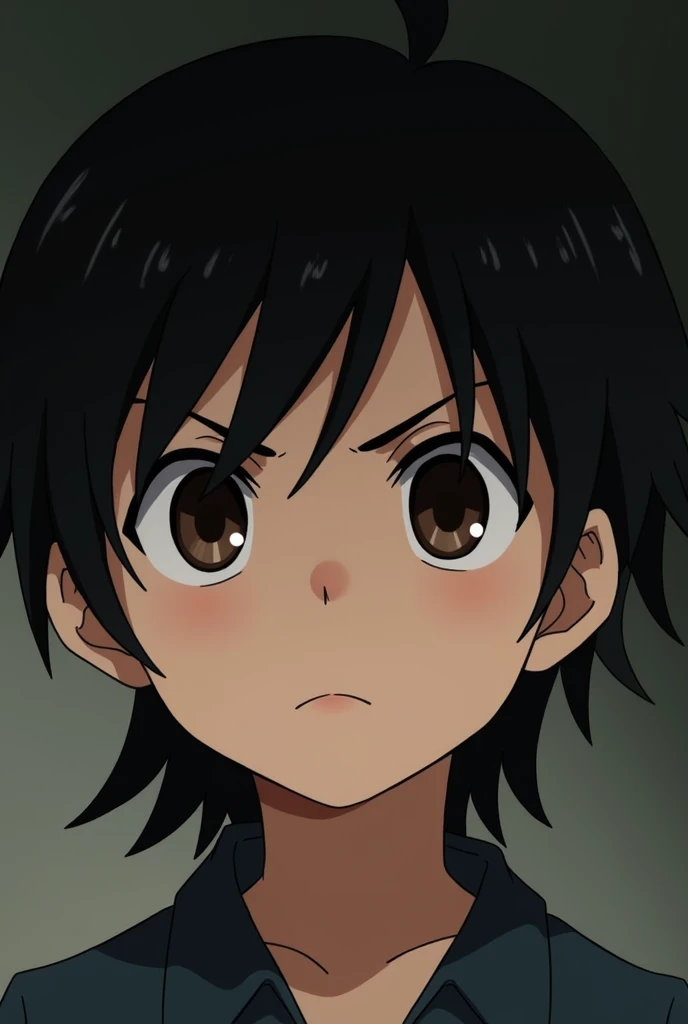 His hair is black, medium growth. The eyebrow is thick black. His face is white. The eyes are medium dark brown with a light brown rim. Average nose. Lip is average. A serious-looking 1 boy