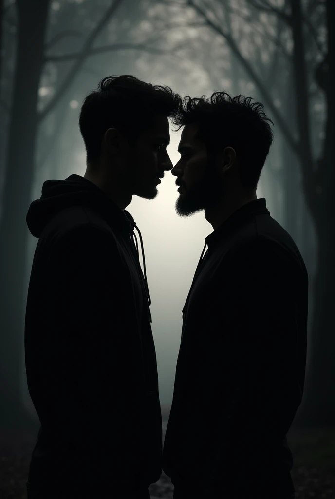 Peux tu faire deux hommes en train de se regarder romantiquement de vue de dos dans le noir ou on voit juste les silouhettes. I want us to see only their shadow . I want us to see their silhouette. I don't want us to see their faces. An image where the face is seen not the body. Bring their faces closer together