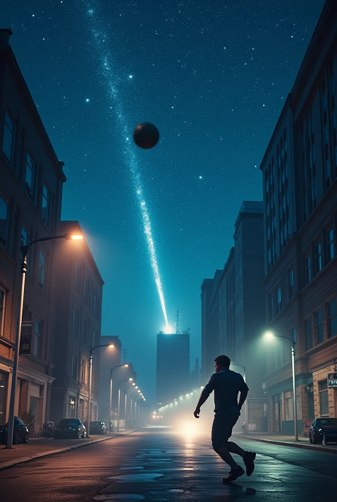 A photo of a man playing ball on the street with the starry sky and meteors falling while playing ball