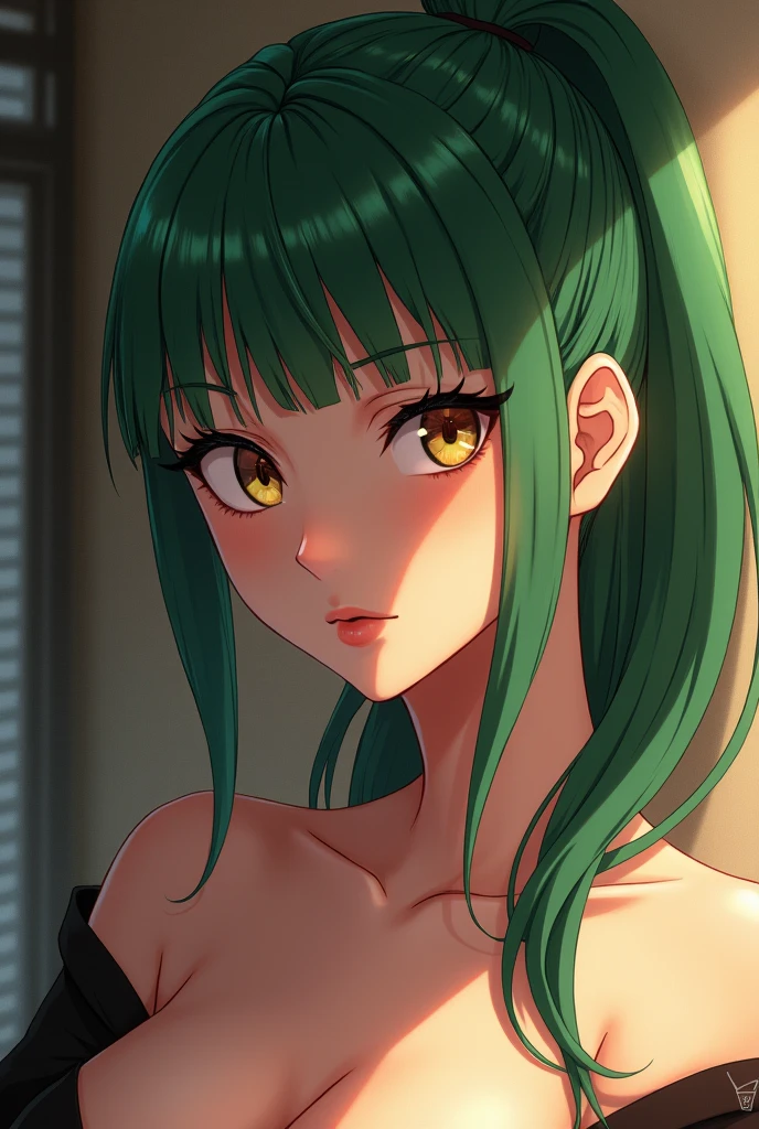 1girl, ((Zenin Maki from Jujutsu Kaisen)), elegant erotic beautiful girl, ((long green hair with pony tail and straight bangs)), detailed face portrait, (glasses), maxi dress, adultery, indecent, vulgar, (best quality,4k,8k,highres,masterpiece:1.2),ultra-detailed,(realistic,photorealistic,photo-realistic:1.37),intricate details, delicate facial features, beautiful amber eyes, ulzzang, long eyelashes, small nose, full lips, porcelain skin, natural lighting, warm color palette, chiaroscuro lighting, dramatic shadows, sensual, alluring, mature themes, artistic, dreamlike, ethereal, sideboob, cleavage, looking at viewer, ulzzang, (amber eyes), (close up face portrait), big breasts, 
