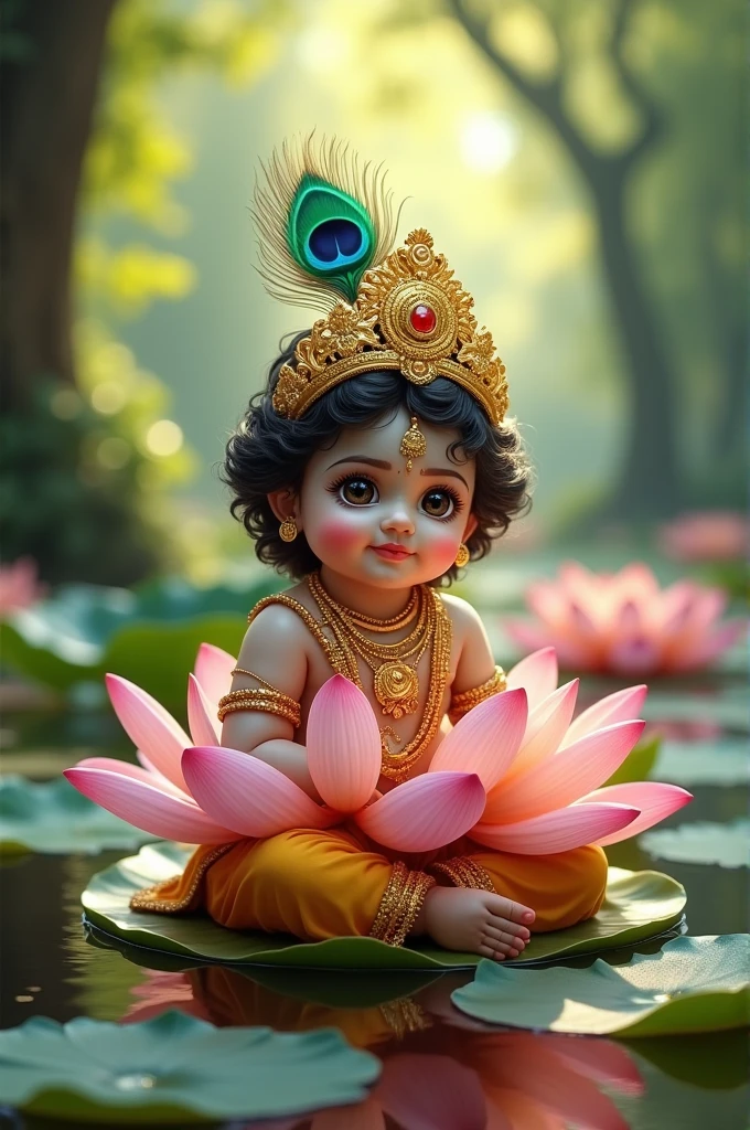  Krishna in vibrant traditional attire, seated on a lotus, peacock-feather adorning his head, in Vrindavan with soft-focus luminescent trees in the background, pastel color palette, golden rati, realistic, soft natural light.